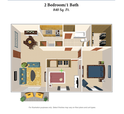 the floor plan of 2 bedroom 1 bath  at Devou Village, Ft. Wright